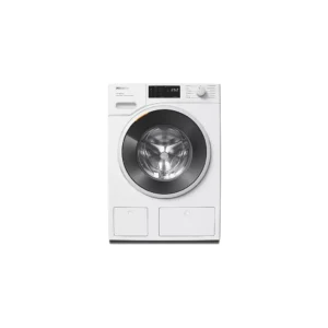 Vue avant du MIELE WSG883WCS, un lave-linge moderne à chargement frontal de couleur blanche, doté d'un panneau de commande et d'une porte ronde.