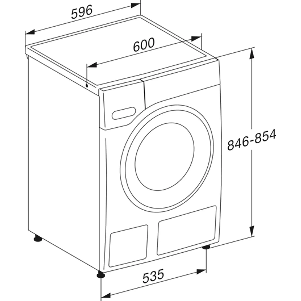 Dessin du lave-linge à chargement frontal MIELE WSG883WCS, indiquant les dimensions étiquetées en millimètres.