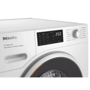 Gros plan du panneau de commande et de l'écran du lave-linge MIELE WSG883WCS indiquant une durée de cycle de 2:50.