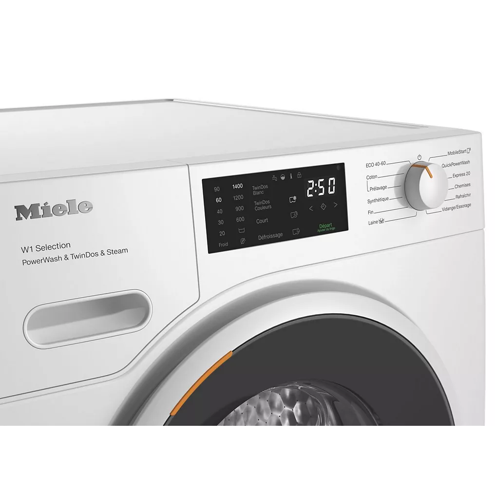 Gros plan du panneau de commande et de l'écran du lave-linge MIELE WSG883WCS indiquant une durée de cycle de 2:50.