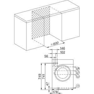 Schéma technique montrant l'installation et les dimensions du lave-linge à chargement frontal MIELE WSG883WCS, conçu pour être placé sous le plan de travail.
