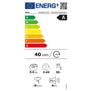 Le lave-linge MIELE WSG883WCS a une note énergétique européenne de A, consomme 40 kWh, traite une charge de 9 kg, effectue un cycle de 3h49, consomme 50L d'eau par cycle et fonctionne à 72 dB.
