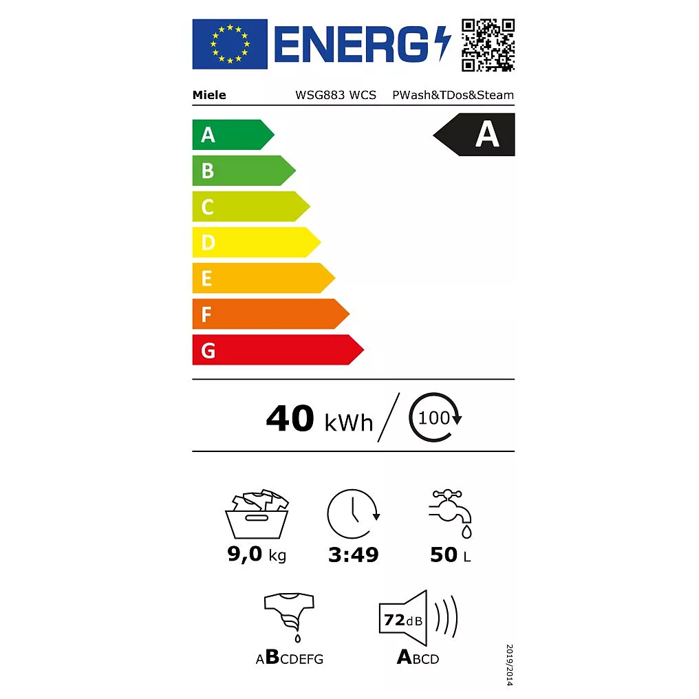 Le lave-linge MIELE WSG883WCS a une note énergétique européenne de A, consomme 40 kWh, traite une charge de 9 kg, effectue un cycle de 3h49, consomme 50L d'eau par cycle et fonctionne à 72 dB.