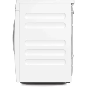 Vue latérale du lave-linge frontal MIELE WSG883WCS avec un panneau plat et des lignes horizontales dentelées, combinant un design élégant avec des performances avancées.