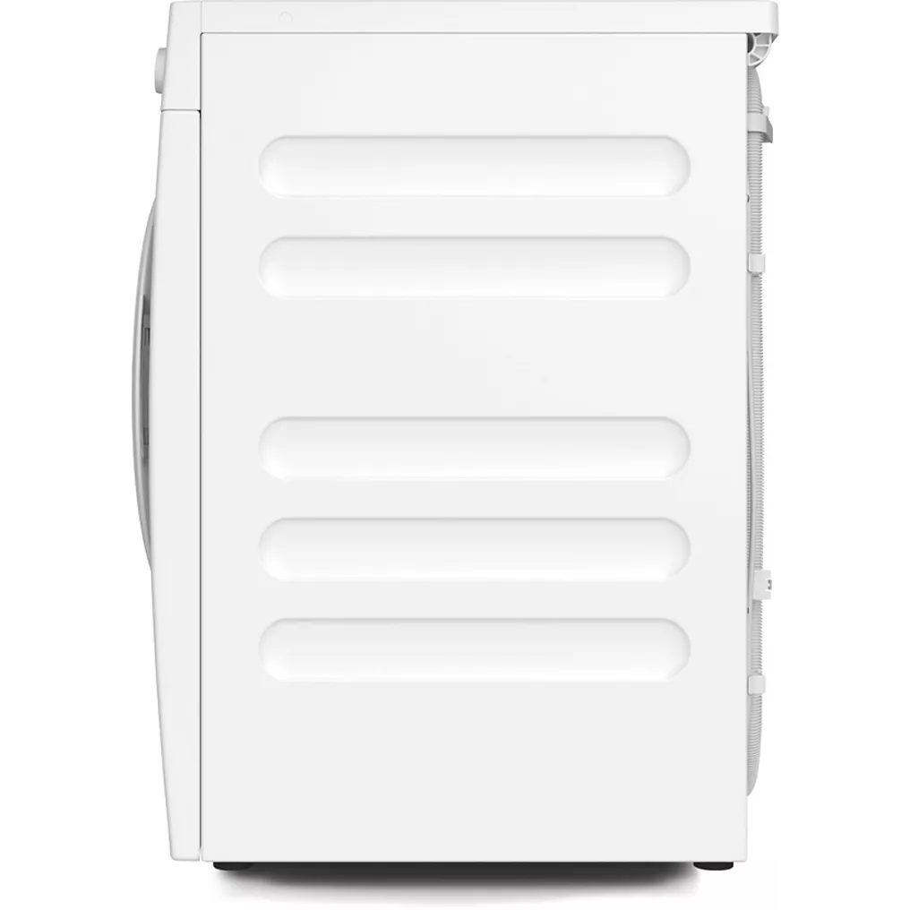 Vue latérale du lave-linge frontal MIELE WSG883WCS avec un panneau plat et des lignes horizontales dentelées, combinant un design élégant avec des performances avancées.