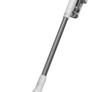 Aspirateur sans fil MIELE DUOFLEX HX1 EXTRA, blanc et gris, avec un bac à poussière transparent et un design fin et incliné pour plus de commodité.
