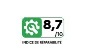 Icône d'engrenage et de clé verte avec "8,7/10" et "Indice de réparabilité" en dessous, mettant en évidence la note de réparabilité de l'aspirateur sans fil MIELE DUOFLEX HX1 EXTRA.