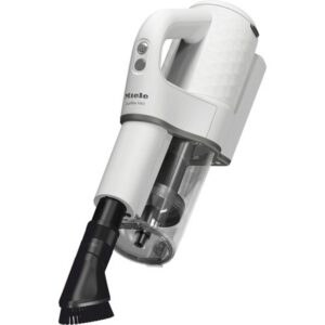 Le MIELE DUOFLEX HX1 EXTRA est un aspirateur sans fil blanc doté d'un bac à poussière transparent et d'une brosse. Il offre un nettoyage à main puissant dans un design élégant.