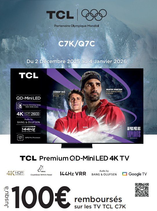 Affiche promotionnelle pour le téléviseur TCL C7K présentant des athlètes, des dates d'événements jusqu'en décembre 2025 et une offre de remboursement de 100 € en français.