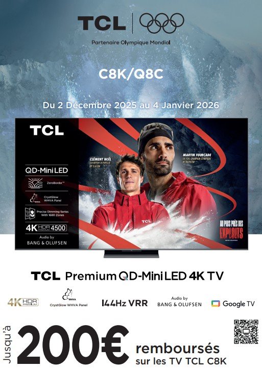 Affiche publicitaire du téléviseur TCL QD-Mini LED 4K TV C8K, mettant en scène deux athlètes, avec une offre de cashback allant jusqu'à 200€. Offre valable jusqu'en décembre 2025.