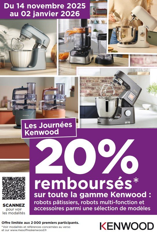 Affiche promotionnelle : Appareils de cuisine Kenwood et DELONGHI-obtenez 20% de remboursement sur les achats de plus de 300€. Offre valable de NOV 2025 à JAN 2026.