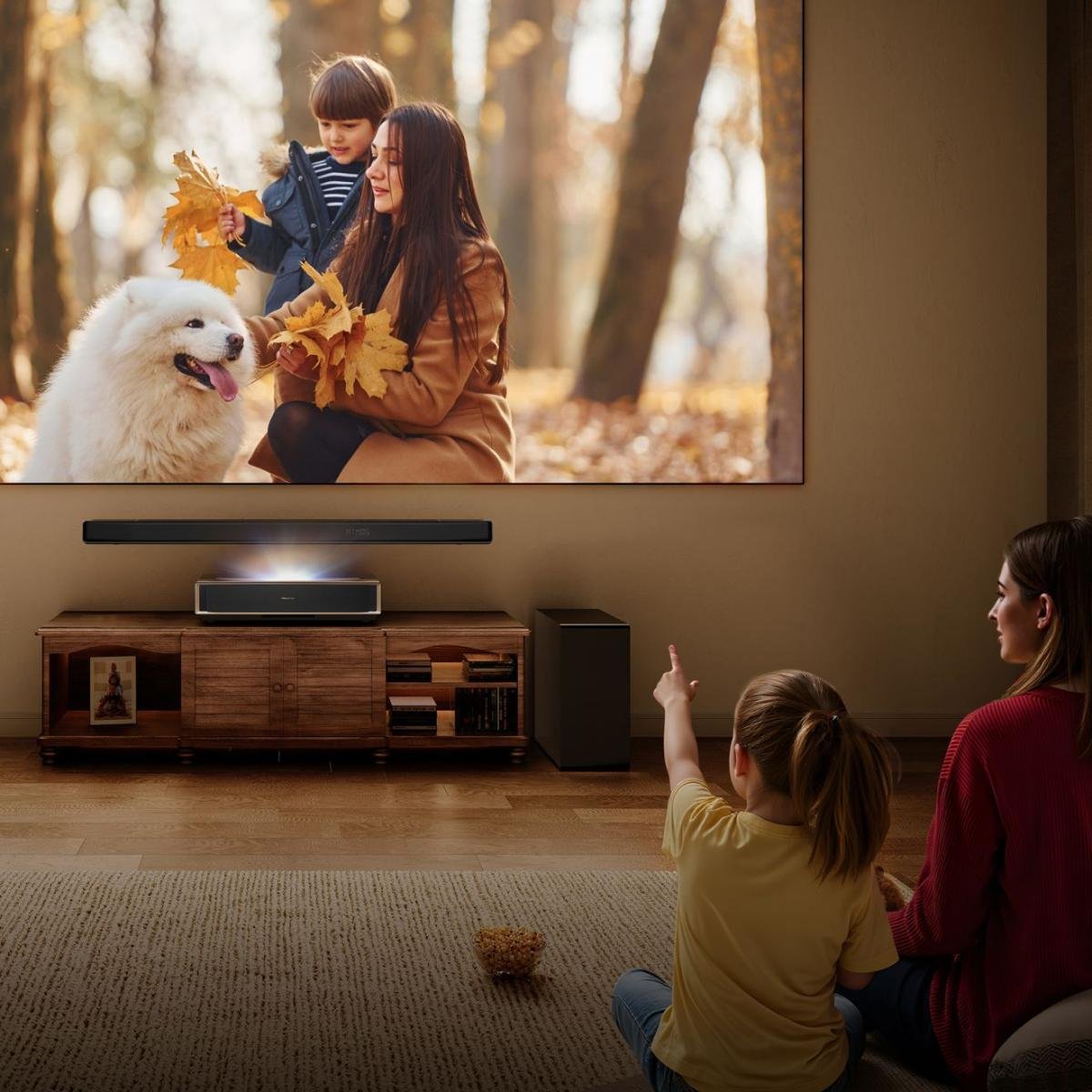 Une femme et un enfant utilisent le HISENSE C2 PT1 pour projeter une photo d'une femme, d'un enfant et d'un chien dans un parc en automne.