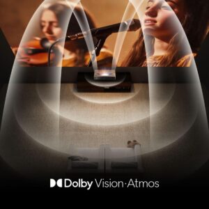 Une personne assiste à un concert sur le téléviseur HISENSE C2 PT1, avec des ondes sonores Dolby Vision et Atmos dans la pièce.