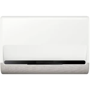 Le SAMSUNG SP-PLU7D est un projecteur blanc à focale ultra-courte avec une base en tissu gris et un look contemporain.