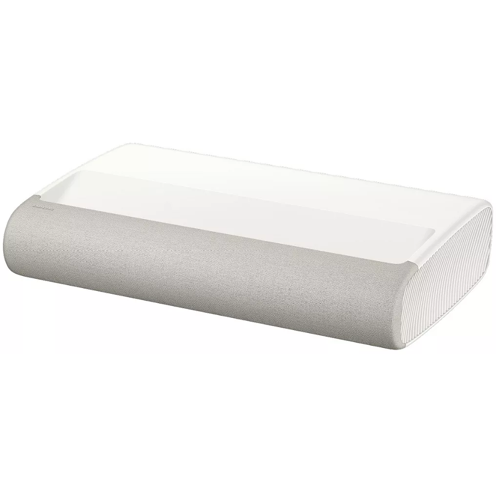Le SAMSUNG SP-PLU7D est un projecteur moderne à focale ultra-courte, au design épuré et minimaliste, blanc et gris.