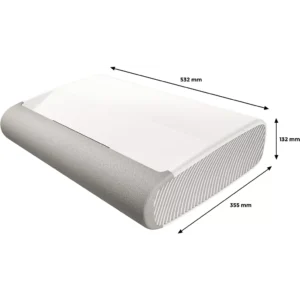 Le SAMSUNG SP-PLU7D est un projecteur rectangulaire blanc avec des côtés gris, mesurant 532 x 355 x 132 mm.