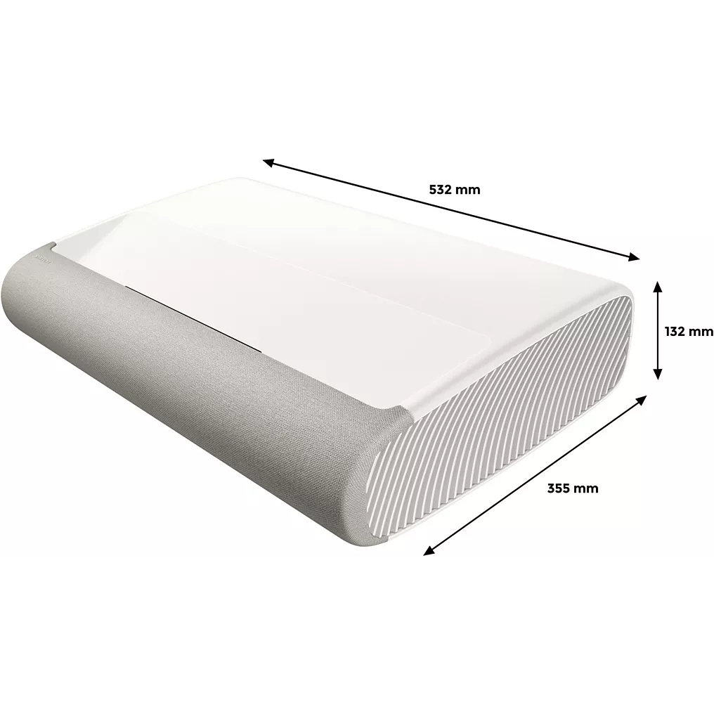 Le SAMSUNG SP-PLU7D est un projecteur rectangulaire blanc avec des côtés gris, mesurant 532 x 355 x 132 mm.