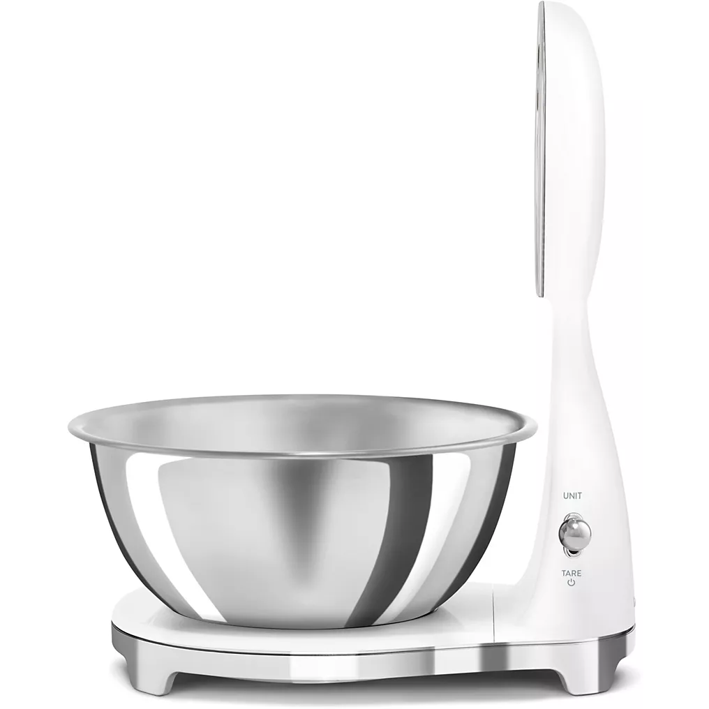 La SMEG KSC01BLMWW (Copie) est une balance de cuisine numérique élégante dotée d'un bol en acier inoxydable et d'un écran blanc vertical.