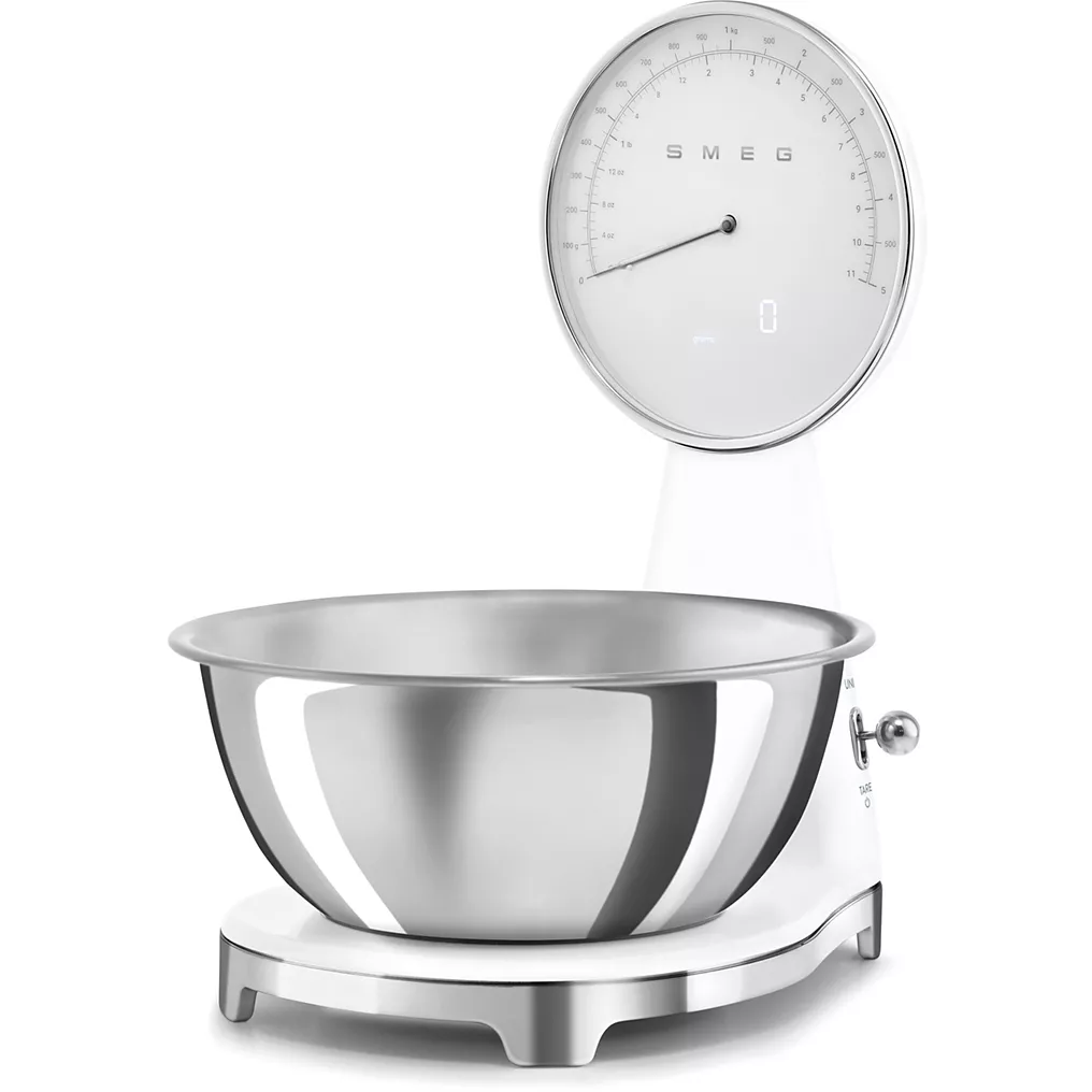 La SMEG KSC01BLMWW (Copie) est une balance de cuisine blanche avec un grand bol en acier inoxydable et un affichage à cadran analogique.