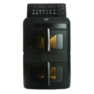 Le FRIFRI AIRFRYER DUO SLIM, de la marque "fififi", est doté de deux paniers noirs, de commandes tactiles numériques et de deux vitres frontales.