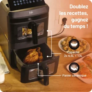 Le FRIFRI AIRFRYER DUO SLIM dispose de deux tiroirs et d'une capacité céramique généreuse de 13 litres, dont un tiroir pour rôtir le poulet.