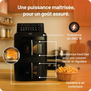 FRIFRI AIRFRYER DUO SLIM noir élégant avec des fonctions étiquetées, des frites présentées devant, sur un fond de cuisine chaudement éclairé.