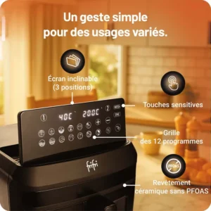 Gros plan du panneau de commande du FRIFRI AIRFRYER DUO SLIM avec les étiquettes en français, dans une cuisine.