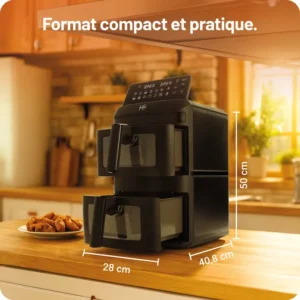 Le FRIFRI AIRFRYER DUO SLIM, doté de deux paniers et d'un design compact, est posé sur le comptoir de la cuisine ; le texte indique "Format compact et pratique".