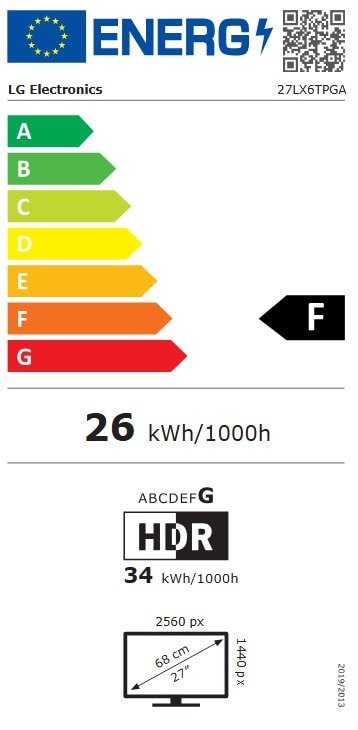 LG 27LX6 STANDBYME : F energy rating, 26 kWh/1000h, écran 27", HDR, résolution 2560x1440 : profitez de visuels éclatants grâce à cet écran élégant.