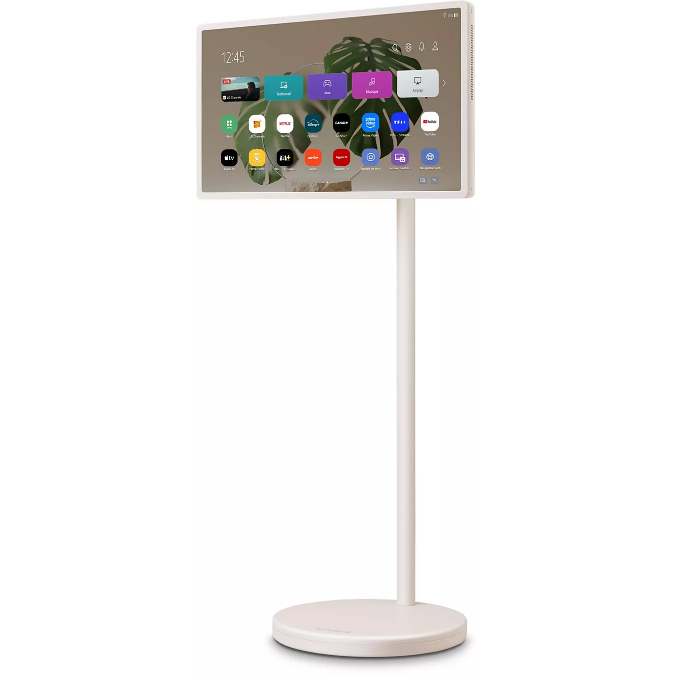 Le LG 27LX6 STANDBYME est un écran intelligent moderne sur un grand support blanc, avec des icônes d'applications vibrantes sur son écran.