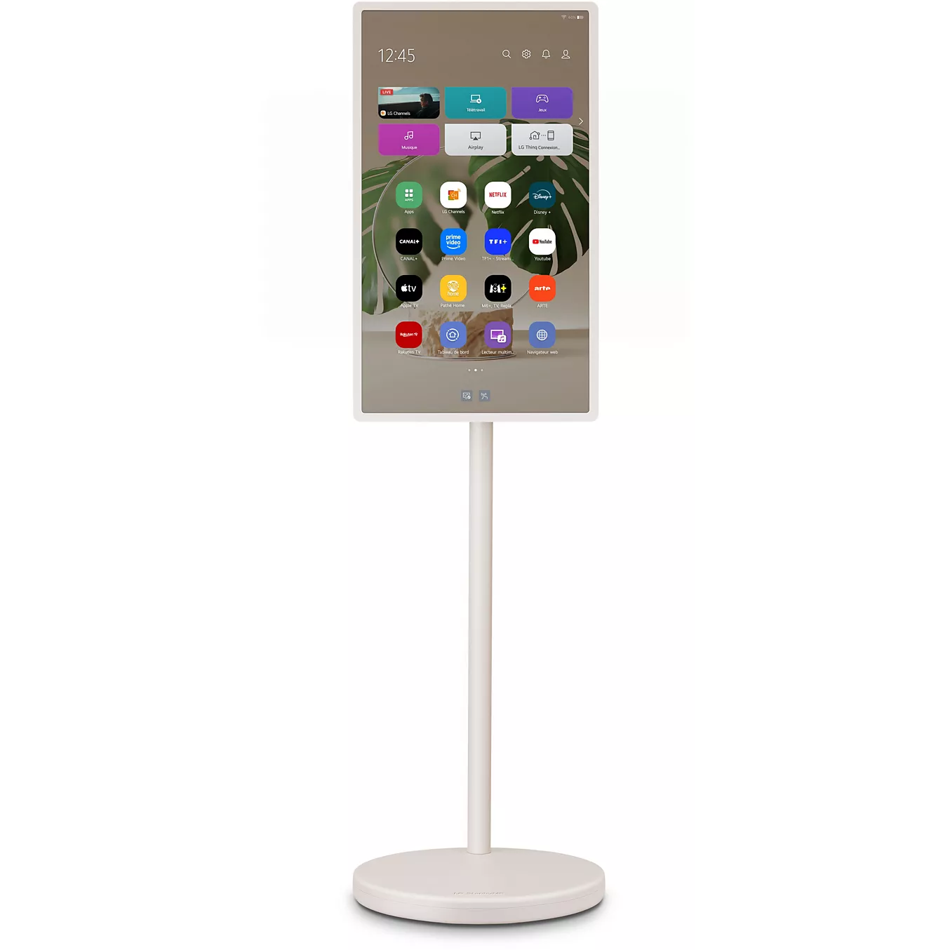 Le LG 27LX6 STANDBYME est un grand présentoir numérique blanc doté d'un écran tactile qui affiche des icônes d'applications éclatantes.