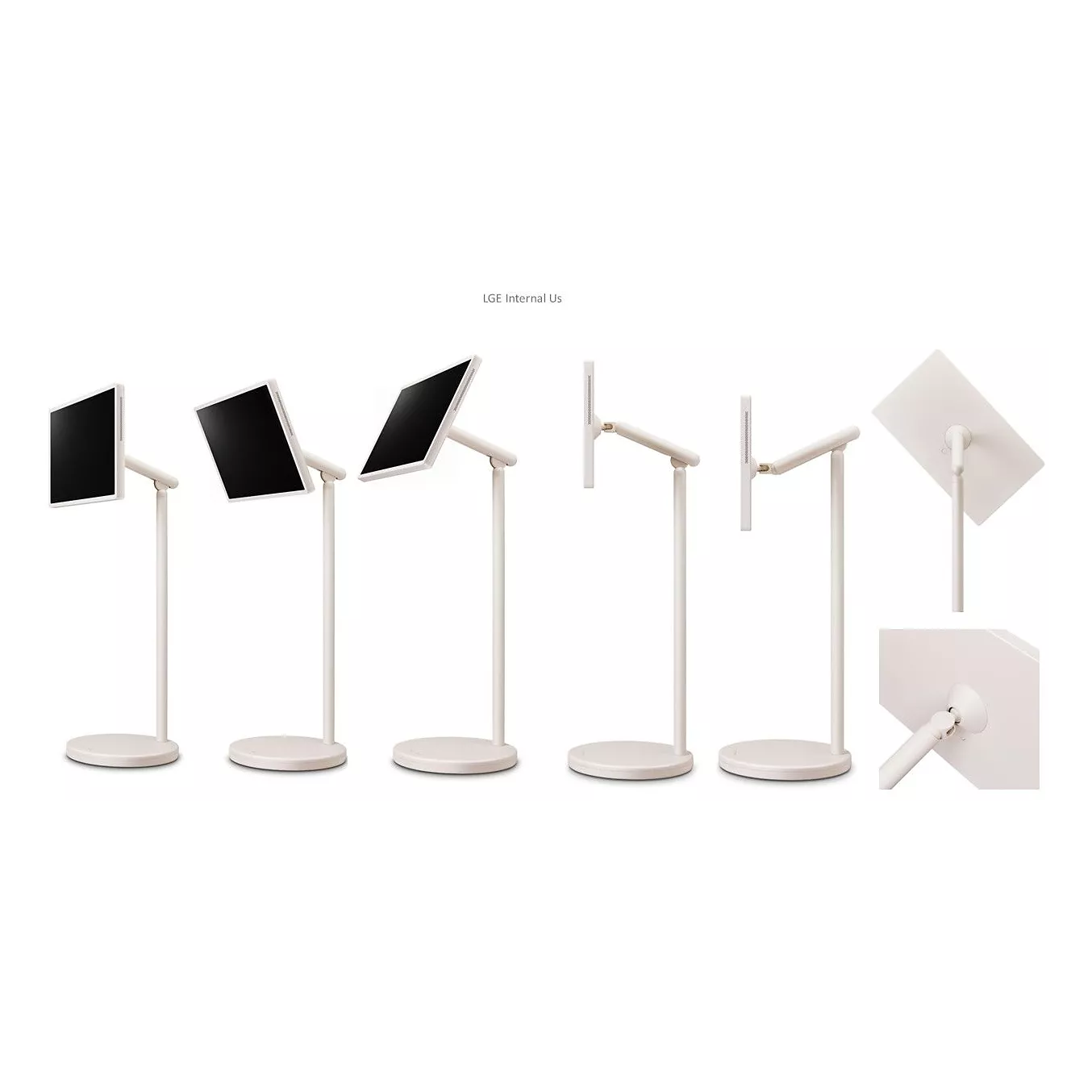 Le support réglable blanc du LG 27LX6 STANDBYME permet de tenir une tablette et de l'afficher sous différents angles, ce qui est idéal pour une utilisation polyvalente.