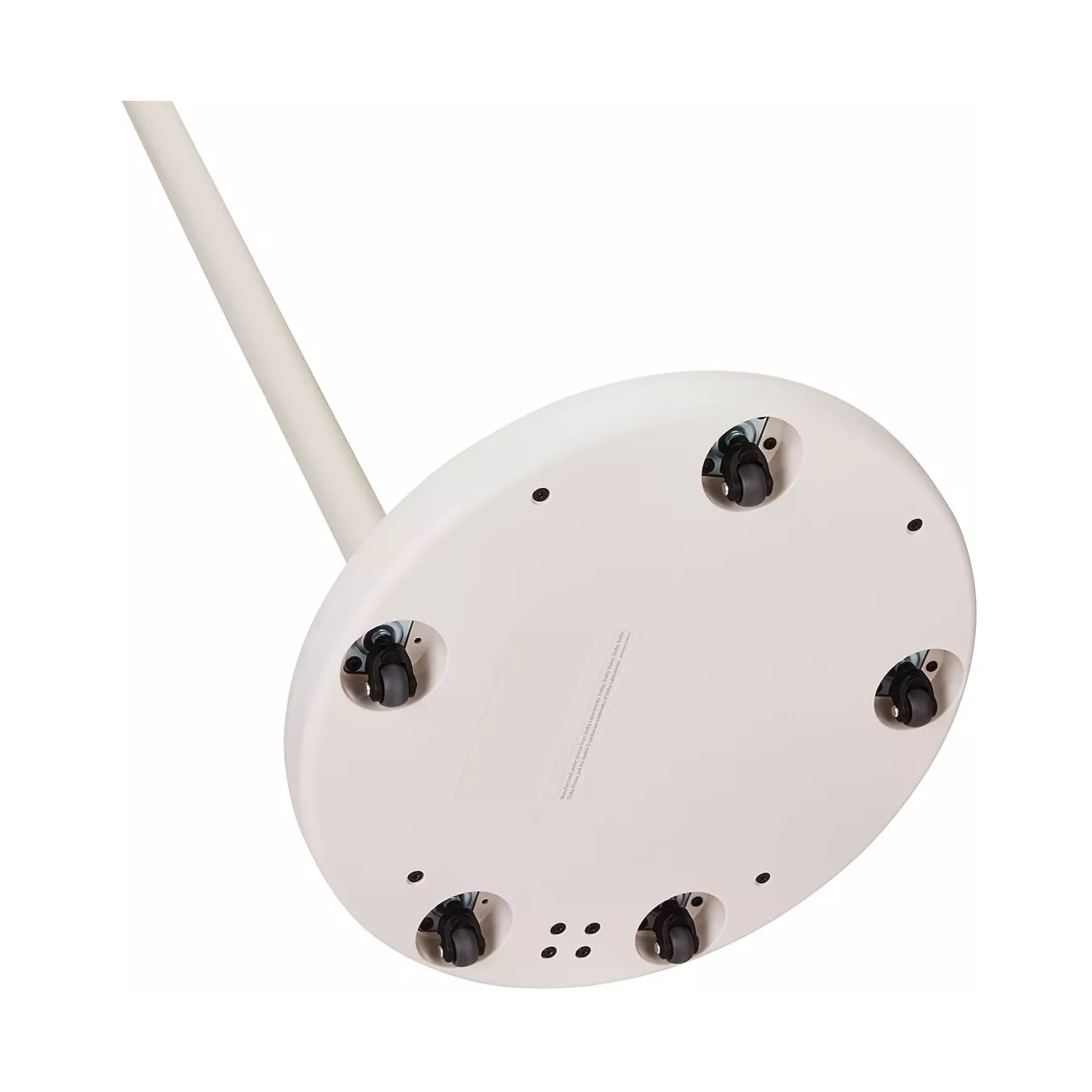 Base ronde blanche avec quatre roues noires réglables fixées à un poteau vertical, conçue pour le LG 27LX6 STANDBYME, présentée sur un fond blanc.