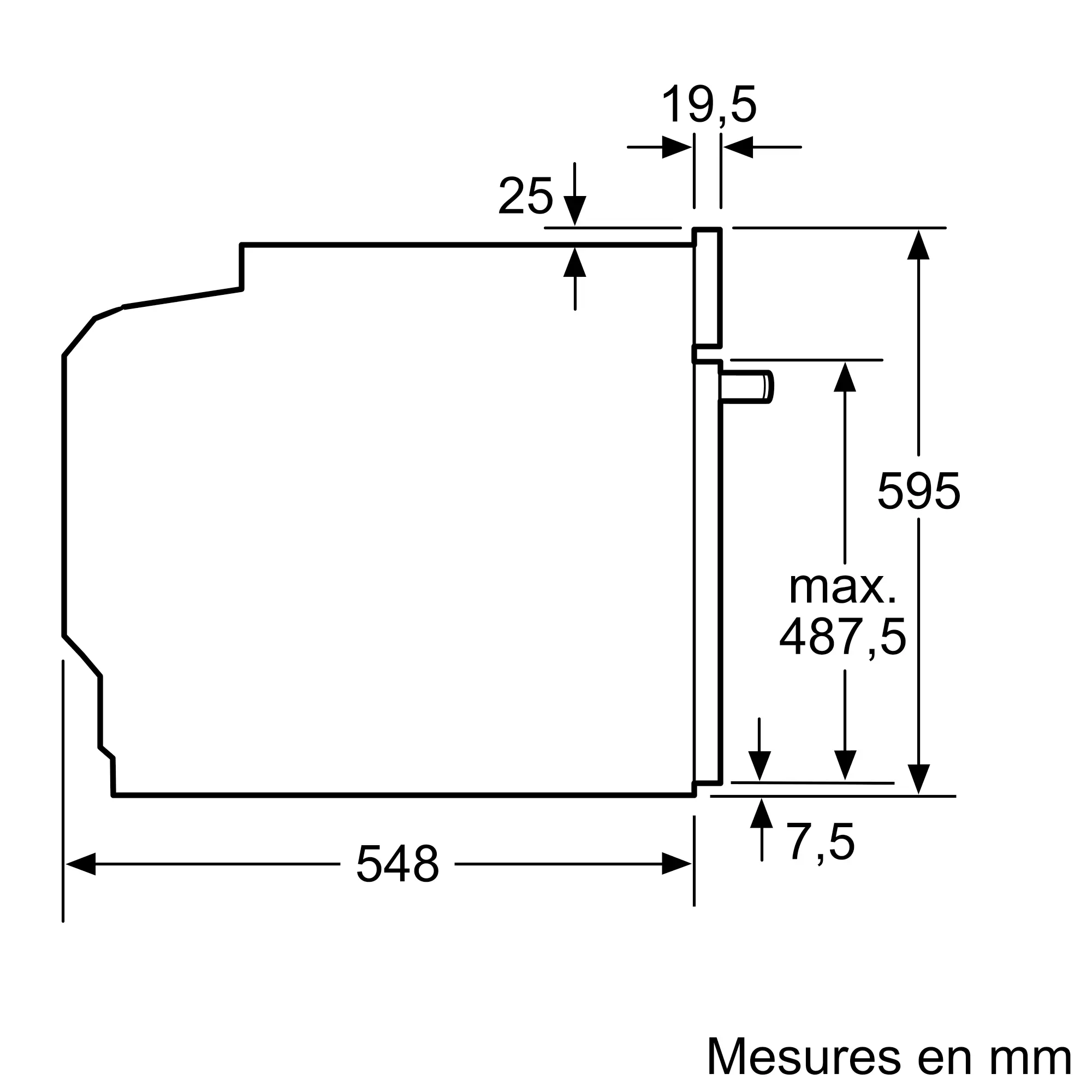 Dessin technique du four NEFF B2ACJ7AG0 avec dimensions étiquetées en millimètres : 548 mm de largeur, 595 mm de hauteur, et des mesures détaillées de 25 mm, 19,5 mm et 7,5 mm.