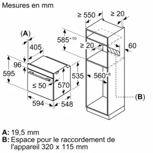 Le schéma technique du four NEFF B2ACJ7AG0 indique les dimensions d'installation en millimètres, y compris les dégagements nécessaires et les mesures d'emplacement de l'encastrement.