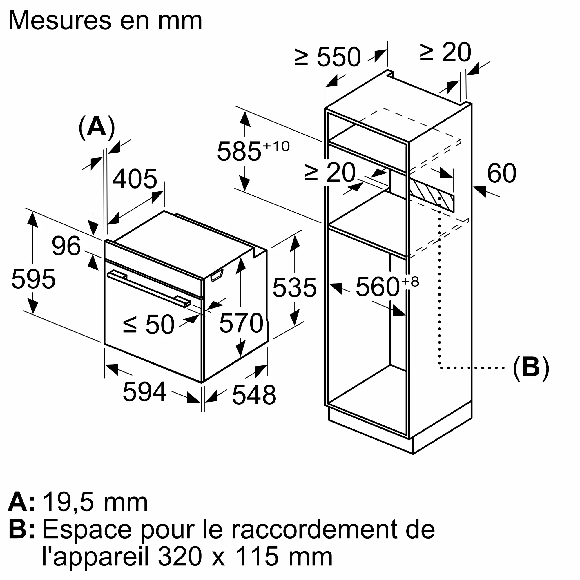 Le schéma technique du four NEFF B2ACJ7AG0 indique les dimensions d'installation en millimètres, y compris les dégagements nécessaires et les mesures d'emplacement de l'encastrement.