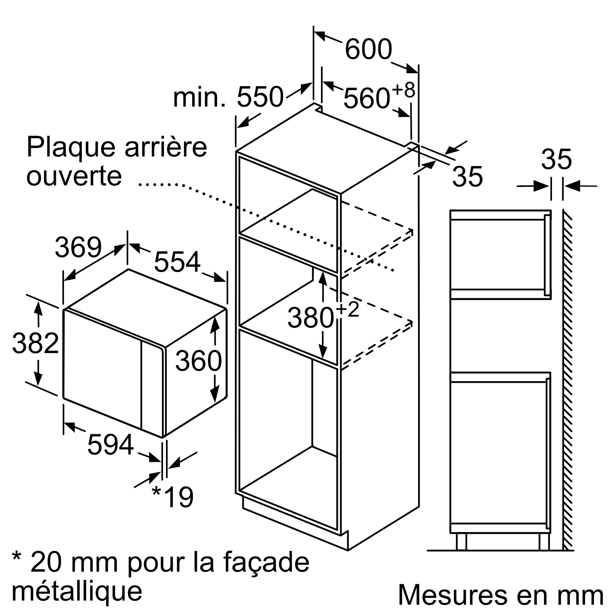 Schéma d'un meuble de cuisine avec étagères, indiquant les dimensions étiquetées en millimètres, conçu pour accueillir un four à micro-ondes encastrable ou un four NEFF HLAGD53G0.