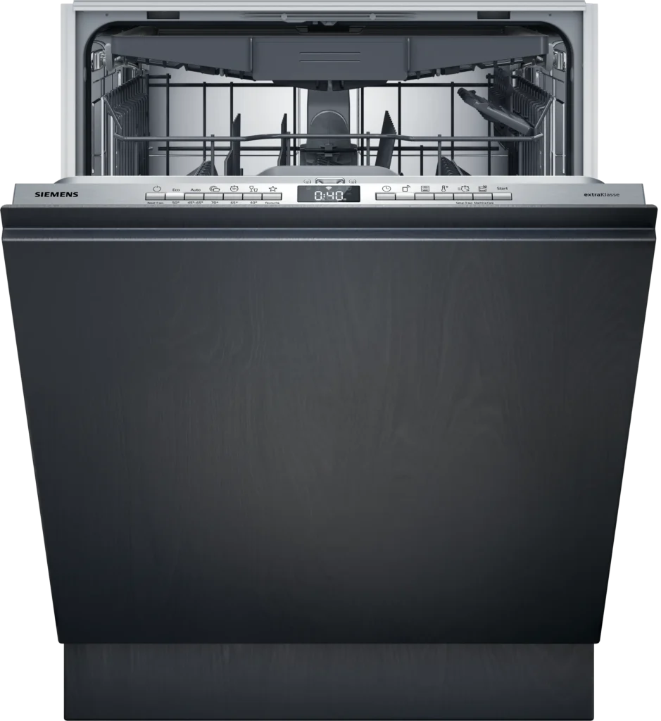 Le lave-vaisselle SIEMENS SN63EX05ME est ouvert et vu de face, montrant les paniers supérieur et inférieur vides.