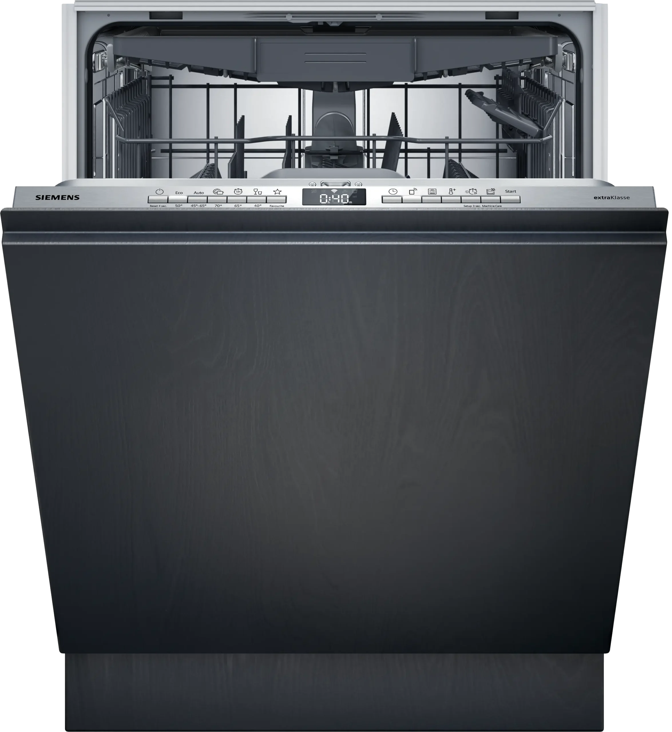 Le lave-vaisselle SIEMENS SN63EX05ME est ouvert et vu de face, montrant les paniers supérieur et inférieur vides.