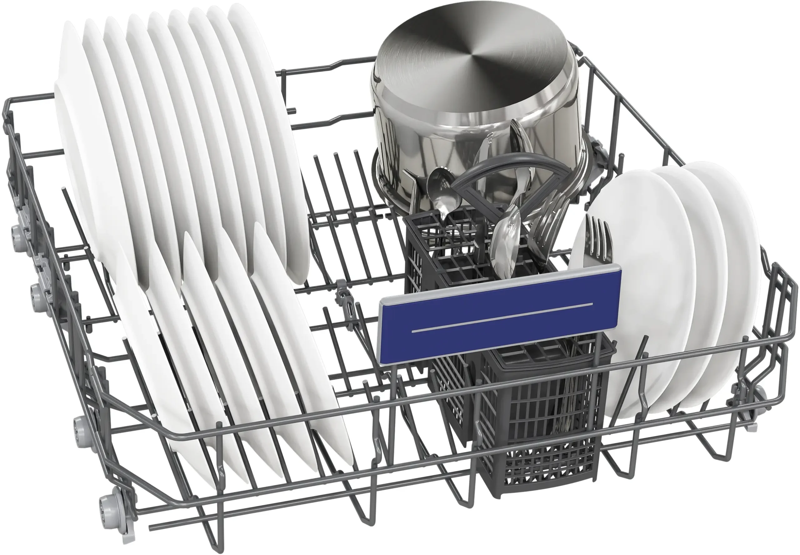 Des assiettes, une casserole, des bols et des ustensiles sont bien rangés sur le panier du lave-vaisselle SIEMENS SN63EX05ME, prêts à être lavés.
