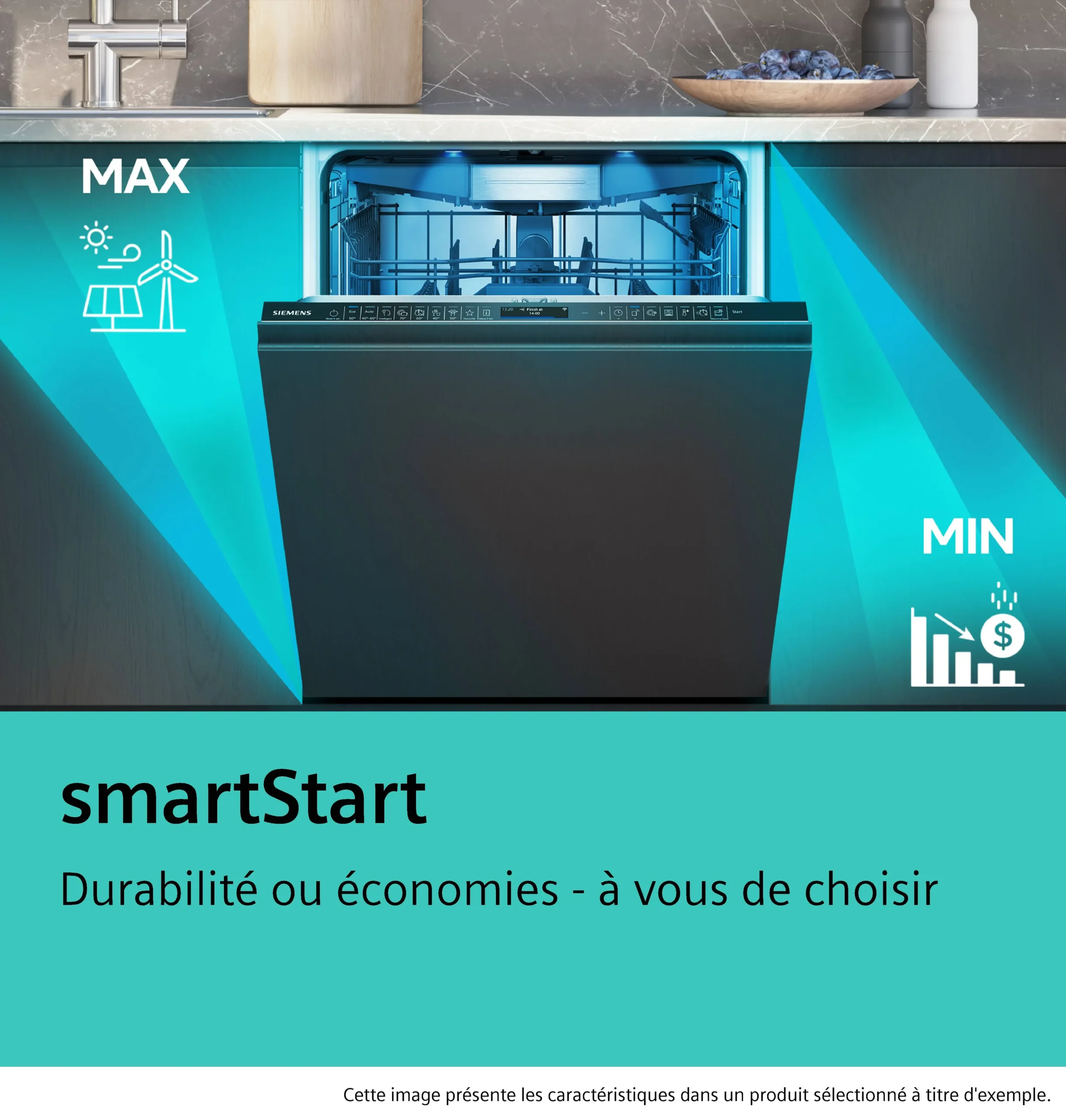Le lave-vaisselle SIEMENS SN63EX05ME, lorsqu'il est ouvert, présente des options pour une durabilité maximale ou un fonctionnement à coût minimal.