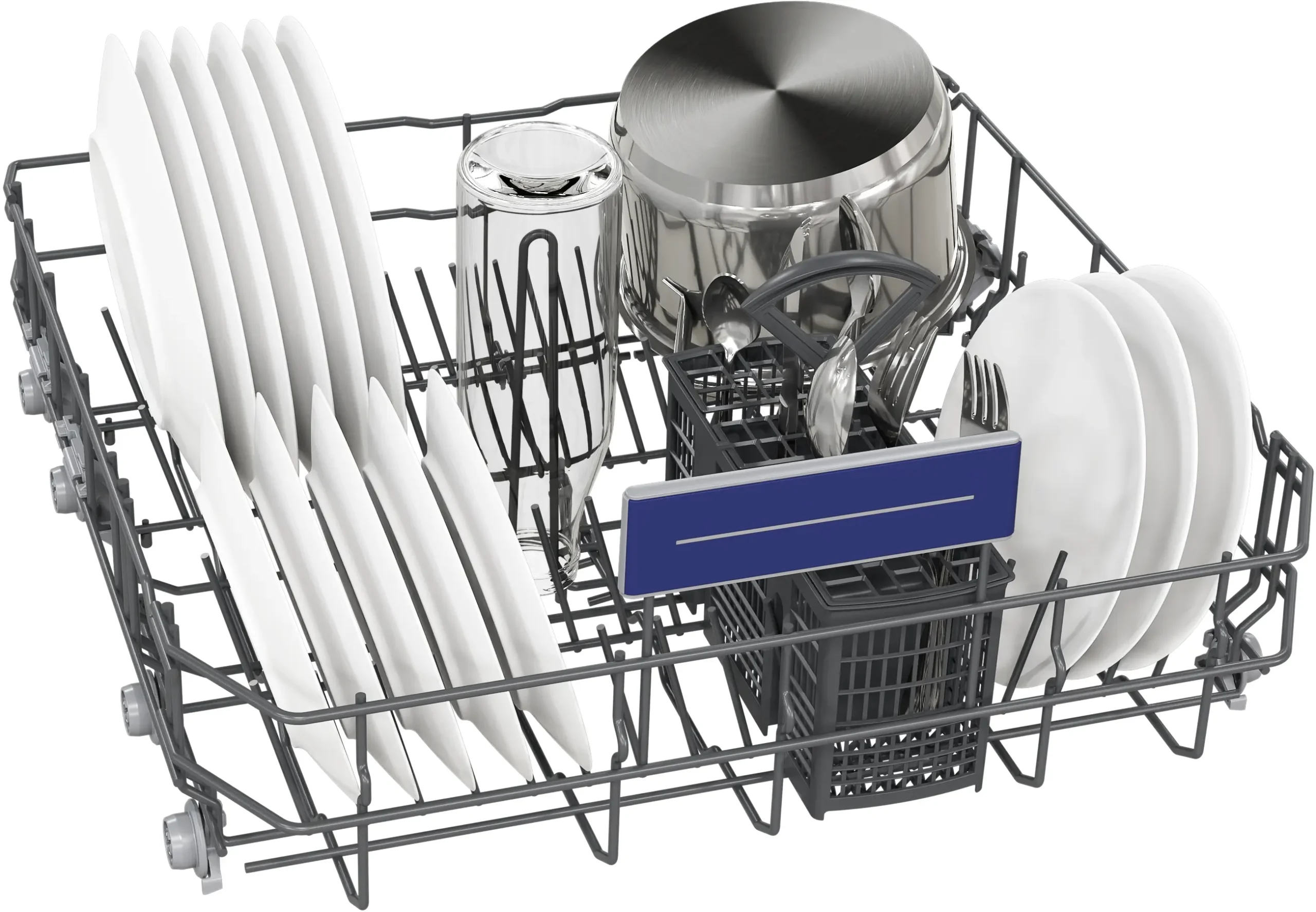 Les assiettes, la casserole, le verre, les bols et les ustensiles sont soigneusement rangés dans des sections distinctes sur le panier du lave-vaisselle SIEMENS SN63EX05ME.