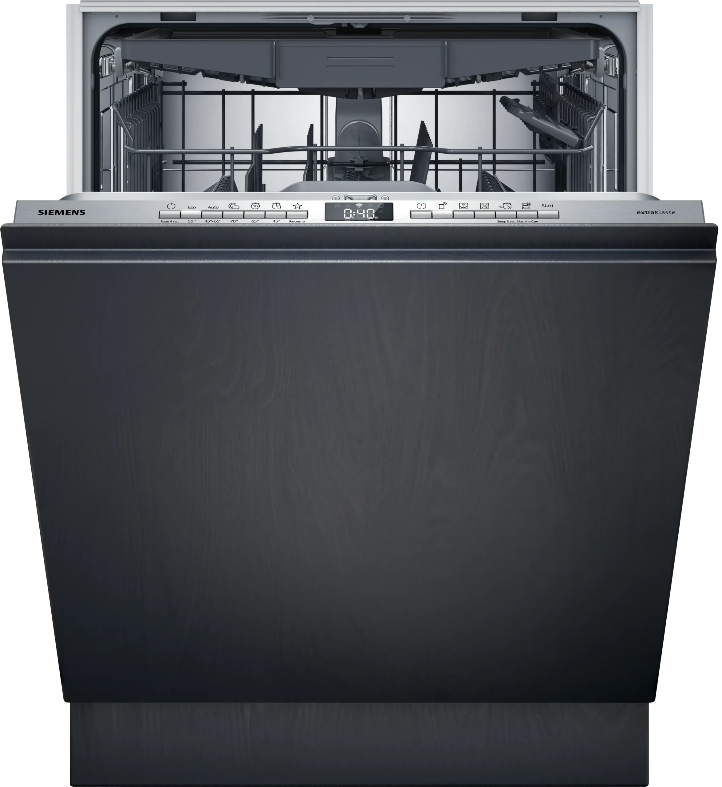 Vue de face d'un lave-vaisselle SIEMENS SN55ES12CE (Copie) ouvert avec des paniers supérieurs et inférieurs vides.
