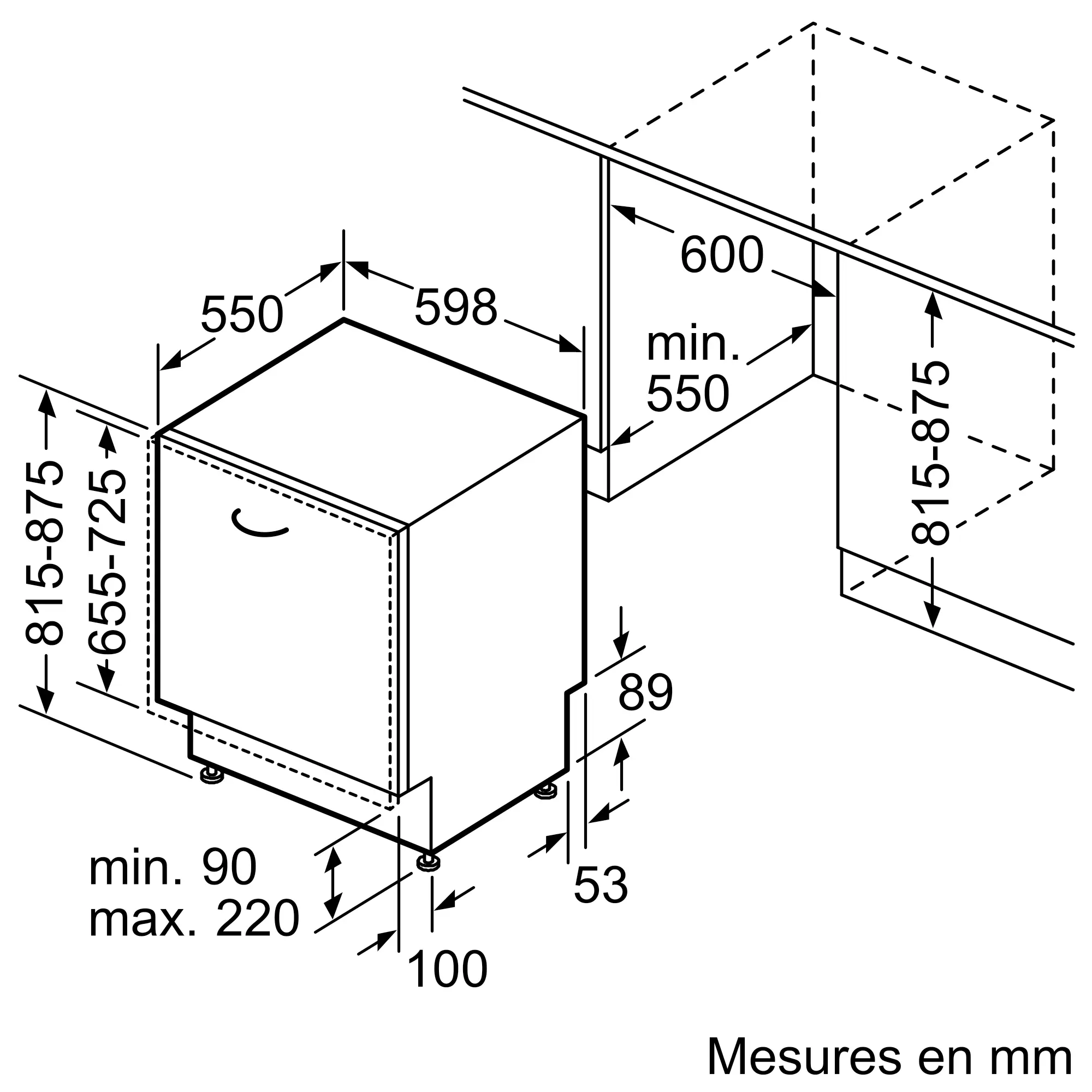 Dessin technique du lave-vaisselle SIEMENS SN55ES12CE (Copie) indiquant les dimensions précises de la largeur, de la hauteur et de la profondeur en millimètres.