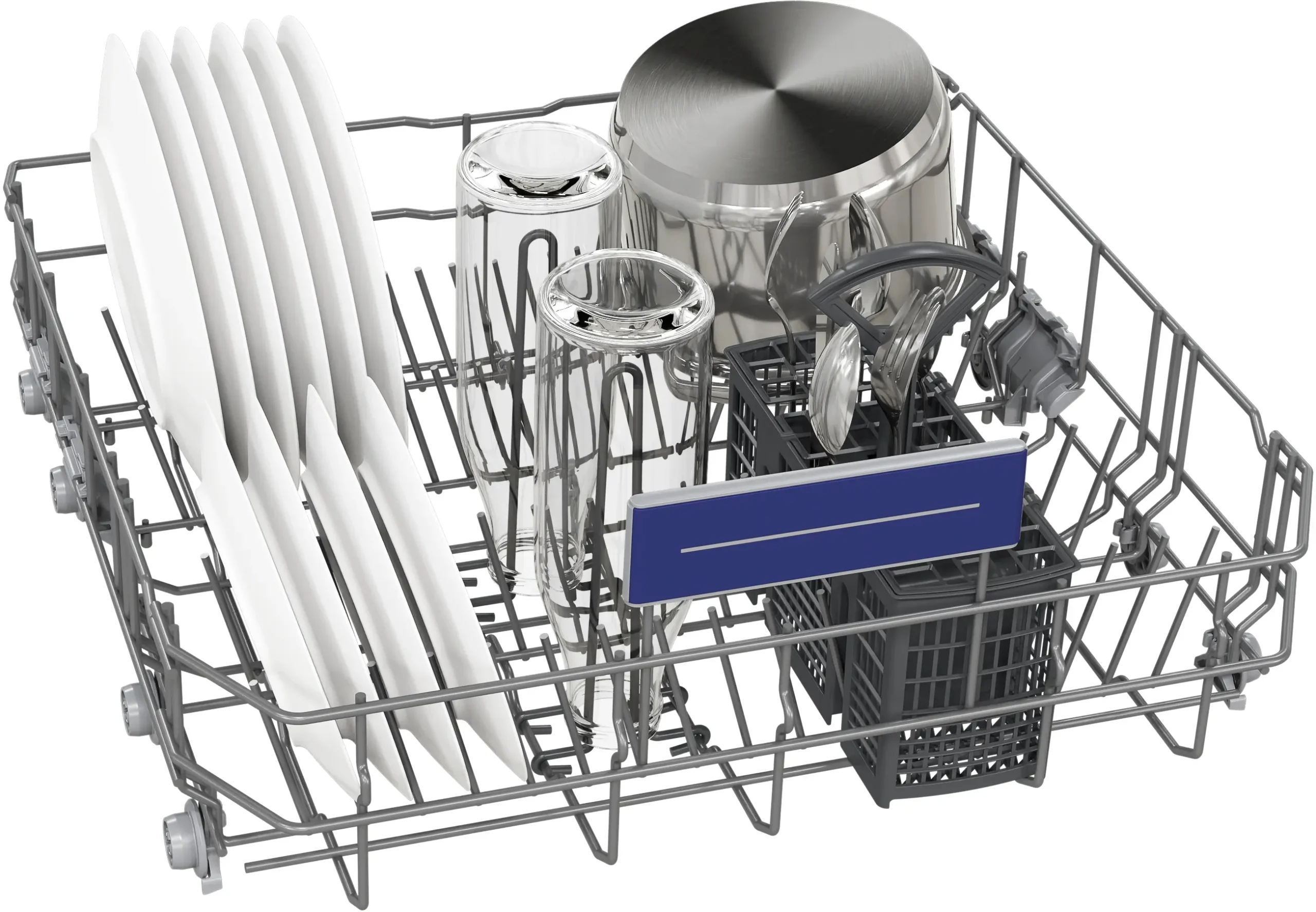 Panier supérieur d'un lave-vaisselle SIEMENS SN55ES12CE (Copie) chargé d'assiettes, de verres, d'une casserole et d'ustensiles soigneusement placés dans le panier à ustensiles.