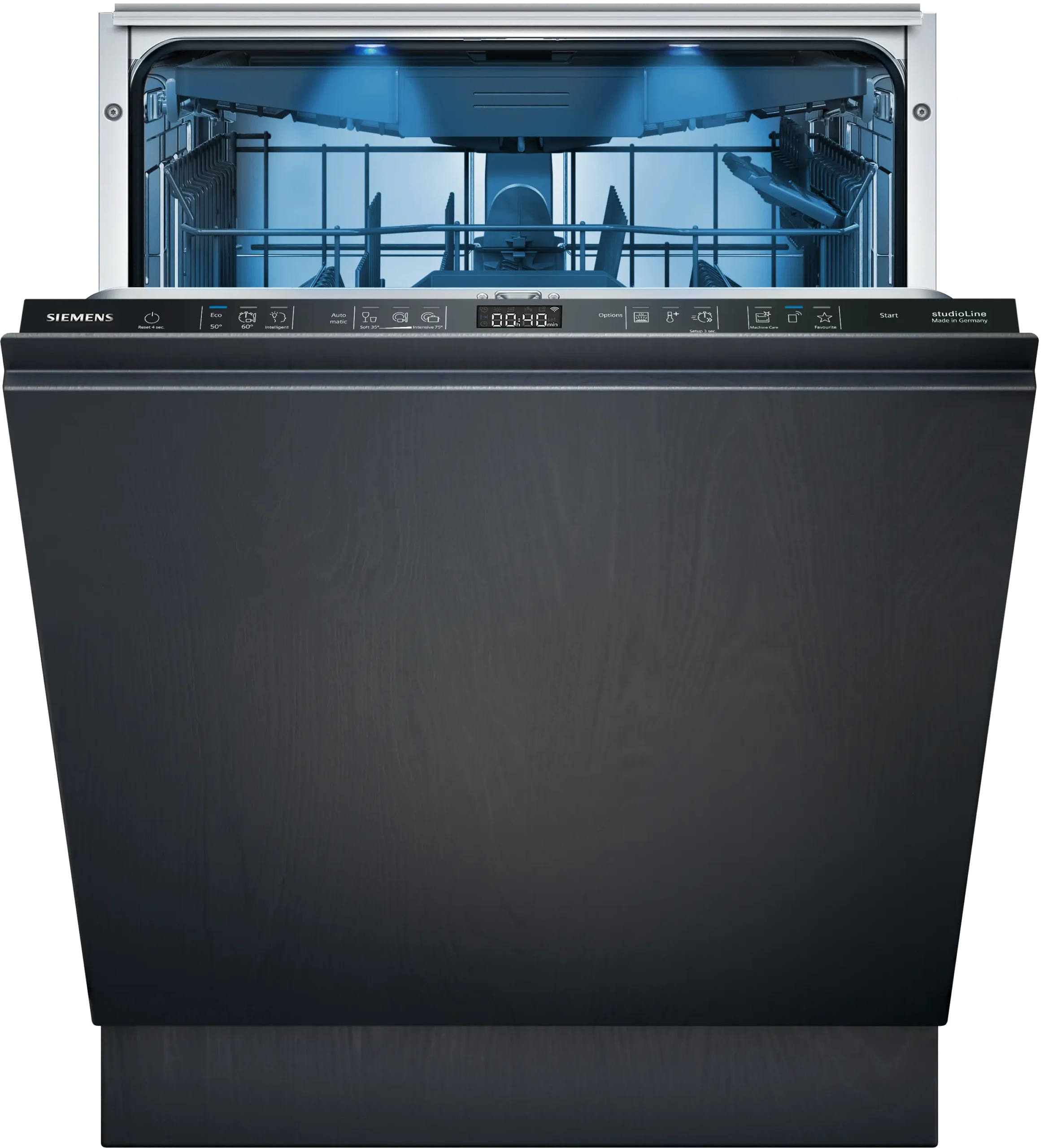 Le lave-vaisselle encastrable SIEMENS SN65Z804CE est présenté ici avec la porte ouverte, dévoilant ses paniers vides et son écran numérique moderne.