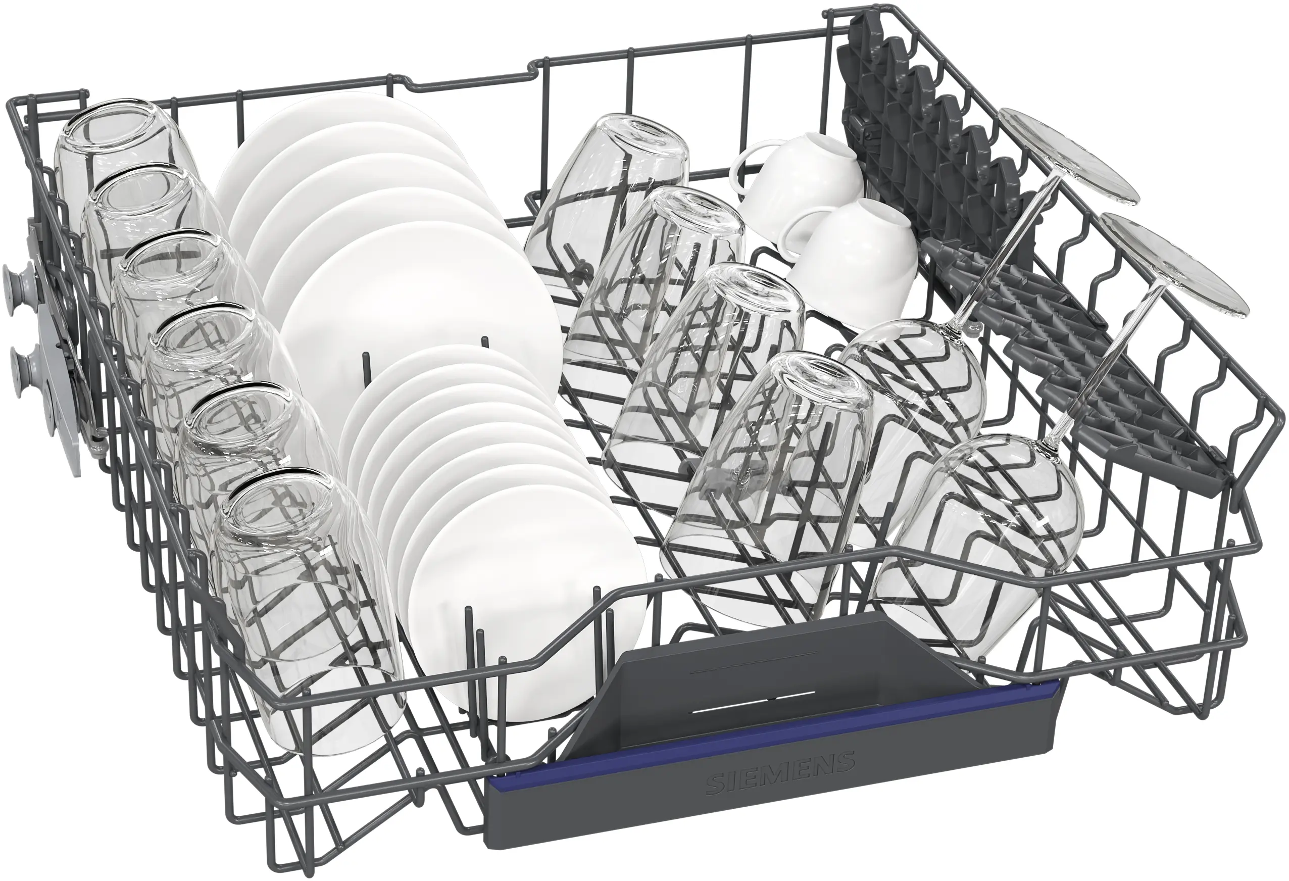 Le panier supérieur du lave-vaisselle SIEMENS SN65Z804CE permet de ranger soigneusement assiettes, verres, bols et tasses pour un lavage efficace.