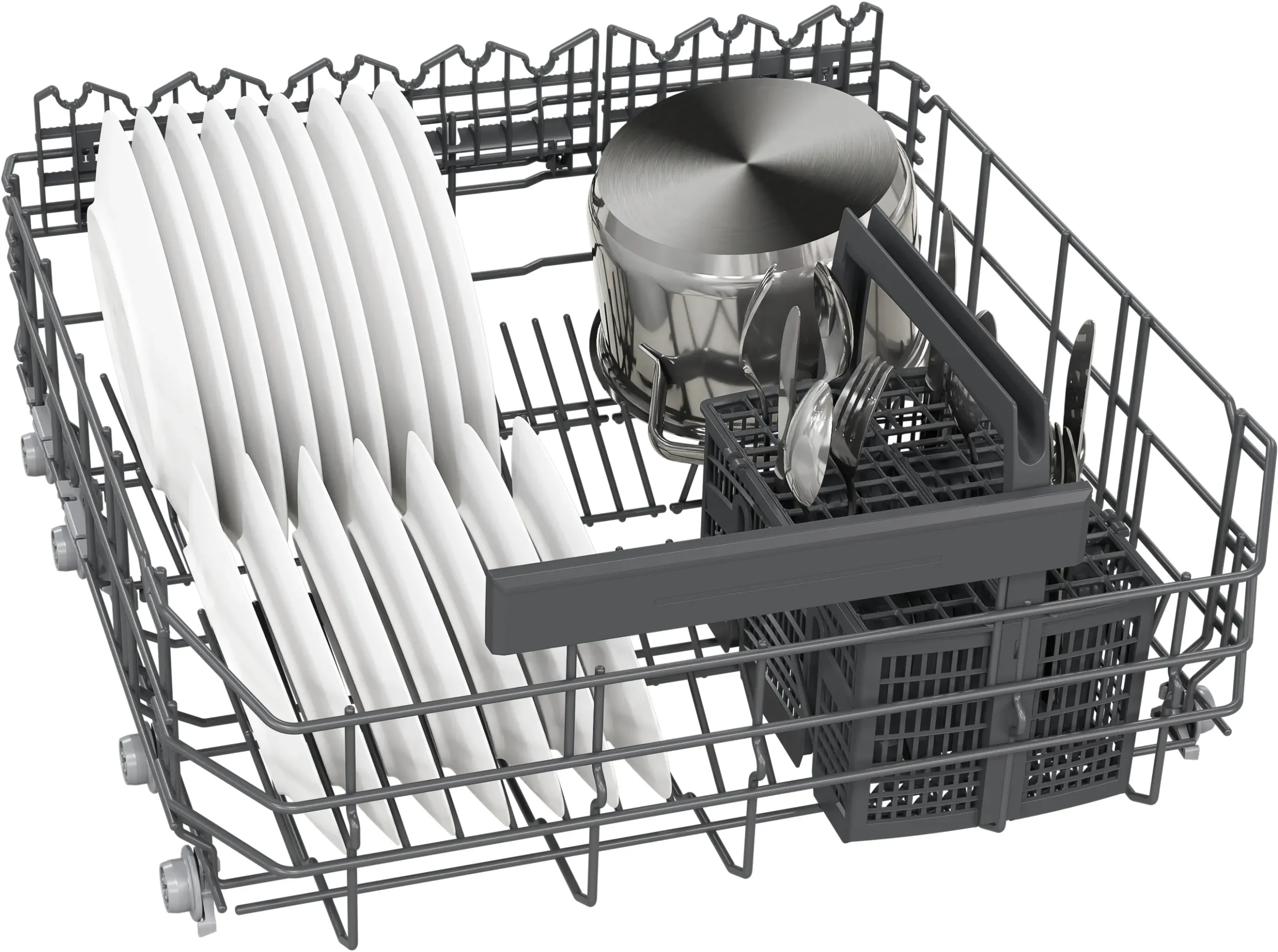 Le panier du lave-vaisselle SIEMENS SN65Z804CE contient des assiettes, des bols, un couvercle de casserole et un panier renfermant divers ustensiles.