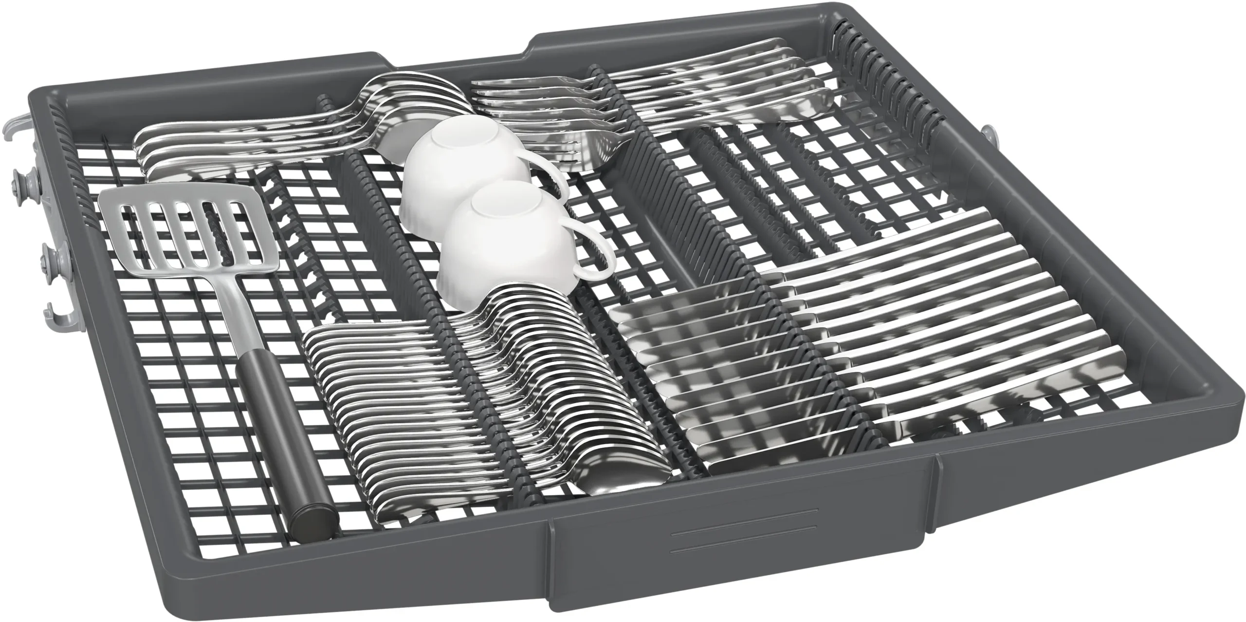 Le panier supérieur du lave-vaisselle SIEMENS SN65Z804CE contient des couverts, des ustensiles et deux tasses blanches.