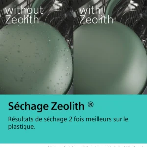 Comparaison avec le modèle SIEMENS SN65Z804CE : une assiette est humide sans zéolite, tandis qu'une autre est parfaitement sèche grâce à la technologie zéolite. Le texte en français ci-dessous souligne les performances de séchage supérieures du modèle SN65Z804CE.